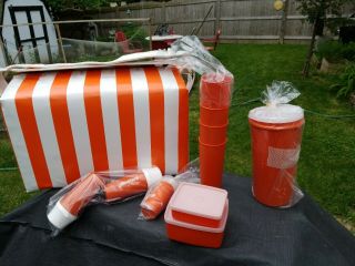 Vintage Tupperware Orange Striped Picnic Set Some Items Still In Plastic