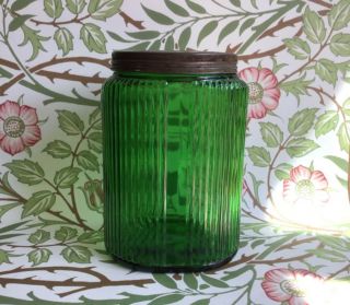 Vintage 8” Tall Green Glass Ribbed Ovoid Hoosier Canister Jar