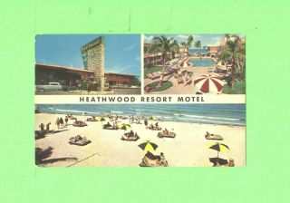 F Postcard Heathwood Resort Motel Miami Beach Florida Old Car Bathers Beach Pool