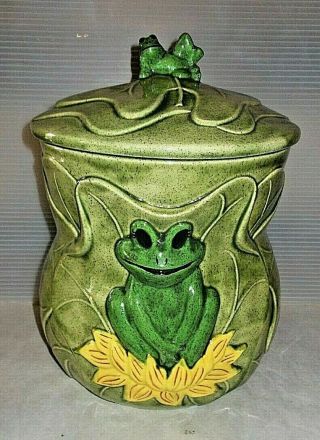 Mid Century Vintage Art Pottery Giant Green Frog On Lily Pad Cookie Jar 12 " X 8 "