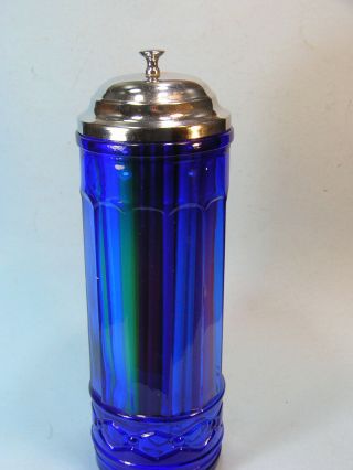 Cobalt Blue Glass Straw Holder Restaurant Style Dispenser W/ Pull Up Lid