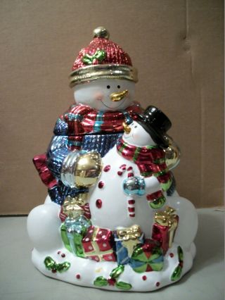 Two Holiday Snowman With Christmas Presents Ceramic Cookie Jar