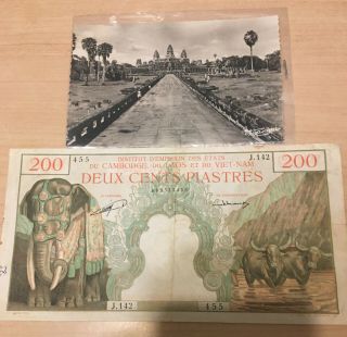 Vietnam French Indo China Cambodia Banknote 200 Dong Large Angor Watt Postcard