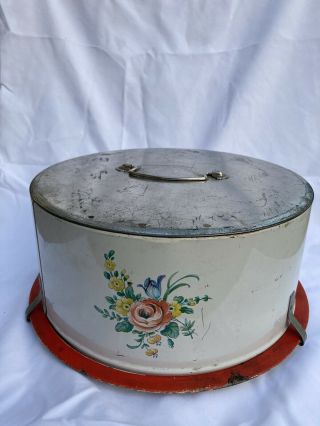 Vintage Cake Carrying Tin By “maid Of Honor” Red,  White & Floral
