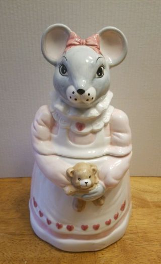 House Of Lloyd Cookie Jar Ceramic 1990 Lady Mouse With Teddy Bear Vtg