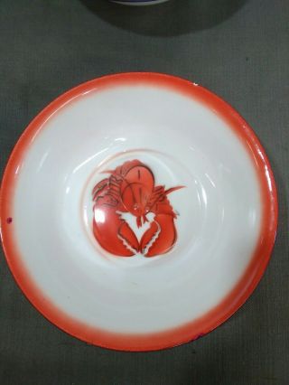 Vintage Enamelware Enameled Metal Large Lobster Bowl Red With Blue Rim Exc