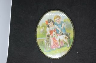 Vintage Flue Cover Wall Hanging Oval Of Children W Lambs 8.  5 " X 6.  5 "