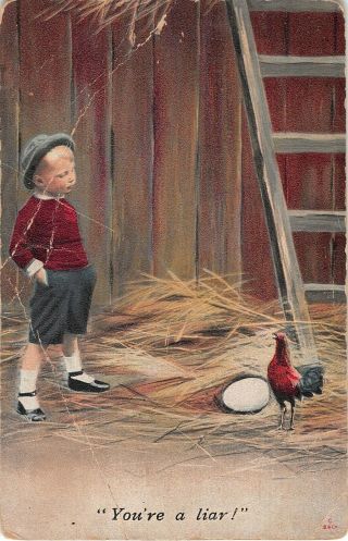 Comic Old Bamforth Pc - Boy In Barn Says To Chicken By Huge Egg - You 