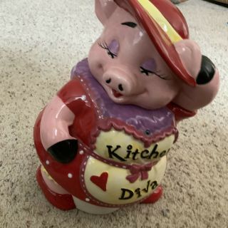 Kitchen Diva Pig Cookie Jar Red Hat Society Piggy Mercuries Ceramic Vtg 13”