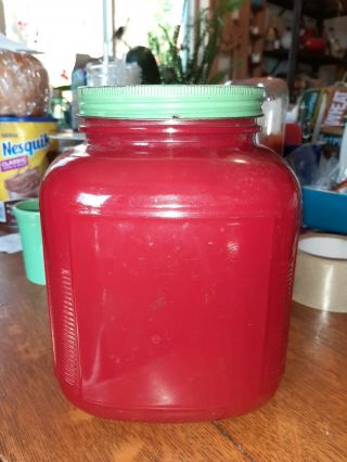 Vintage Red Hoosier Coffee Flour Glass Jar Canister Green Aluminum Lid