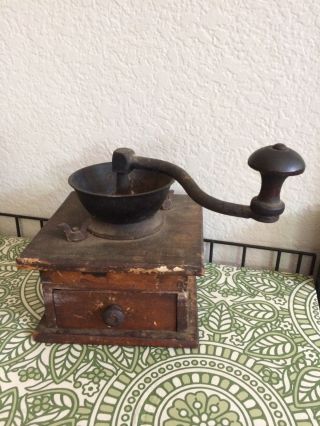 Antique Coffee Grinder Mill Hand Crank Cast Iron & Wood