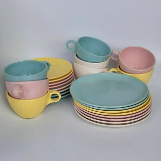 18 Vtg Mar - Crest Melmac Dinnerware Blue Pink Yellow White Set Cup Lunch Plate