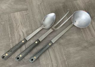 Vintage Set Of 3 Flint Stainless Steel Usa Kitchen Utensils Ladle Fork Spoon Mcm
