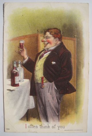 Man Drinking Alcohol,  Liquor Old 1908 Julius Bien Postcard; I Often Think Of You
