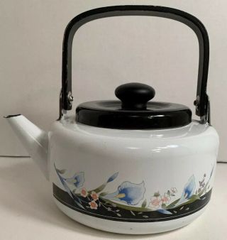 Vintage Floral Enamel Ware Tea Pot Water Kettle Black Wood Handle - Indonesia