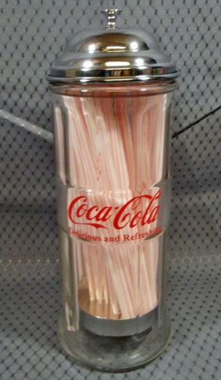Coca - Cola Glass Straw Holder / Dispenser W/chrome Metal Lid By Tablecraft Euc