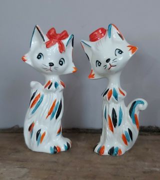 Vintage Multicolored Tall Cat Couple Salt And Pepper Set Japan 7006