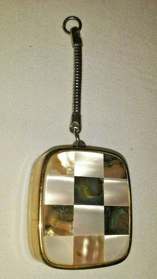 Vintage Sankyo Japan Music Box Key Ring Mother Of Pearl Checkered Plays Tune