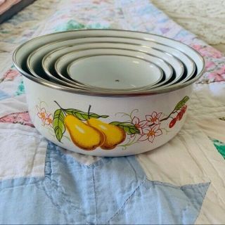 Vintage 5 Piece Enamel Ware Nesting Bowl With Floral And Fruit Pattern Set