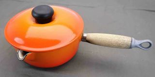 Vtg Le Creuset Cast Iron Enamel Flame Orange Saucepan 18 2qt Wood Handle France
