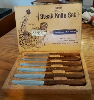 Set Of 6 Vintage Ekco Forge Stainless Steak Knives Usa Serrated Wood Handle