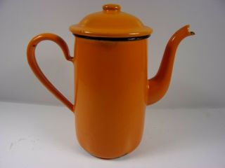 Vintage Japan Made Orange Baked Enamel Ware Tea Pot Kettle Metal Handle W/wear