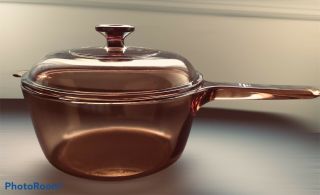 Vintage Corning Pyrex Vision Ware 2.  5 Liter Amber Glass Pot Sauce Pan W/ Lid Usa