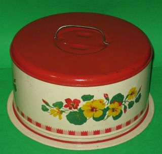 Vintage Metal Cake Carrier Holder Saver Red & Cream With Flowers Retro