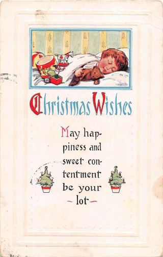 Old Art Deco Christmas Postcard Of Cute Child Sleeping With Teddy Bear & Toys