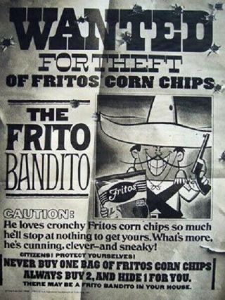 Vintage Frito Bandito Corn Chips Wanted Poster Ad Advertisement 1968