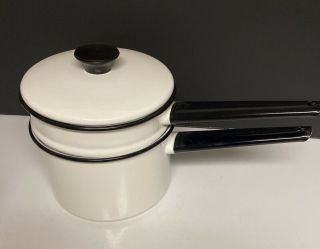 Double Boiler Pan Enamelware White Black Trim 3 Piece Stovetop