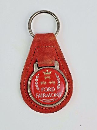 Vintage Ford Fairmont Leather Key Chain Fob Ring W/ Metal Back Red