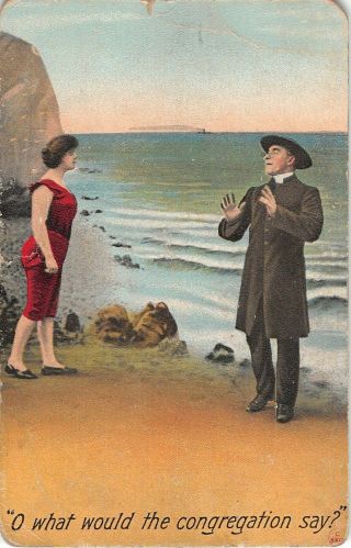 Comic Old Bamforth Pc Of Priest Seeing Lady In Swimsuit On Beach - What Would The