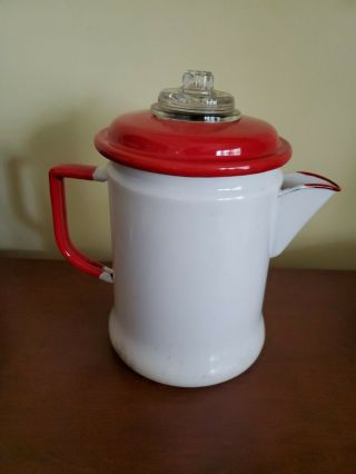 Awesome Vintage White & Red Enamelware Coffee Pot With Lid & Insert