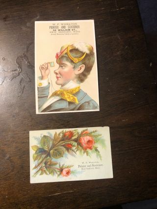 2 Pc Victorian Trade Cards W F Wheaton Printer Bedford Ma Woman Roses