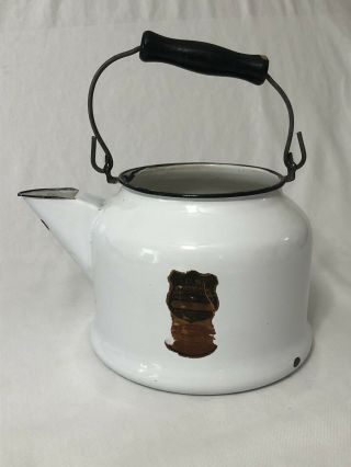 Vintage Farmhouse White Enamel Ware Tea Kettle Teapot United States Stamping Co.