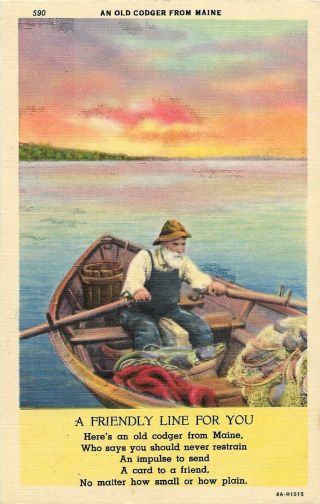 Vintage Maine Linen Postcard An Old Codger From Maine Friendly Line For You