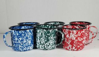 Enamelware Colored Mugs,  Set Of 6,  Red,  Green And Blue Splattered Enamel Mugs