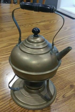 Vintage Antique Brass Teapot Tea Pot With Burner Wooden Handle Kettle