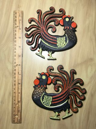 Vintage Cast Iron Rooster Trivets Colorful Farm Wall Decor 6 " X 5 "