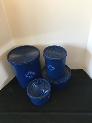 Vintage Set Of Four (4) Navy Blue Servalier Nesting Canisters/lids