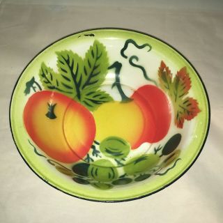 Vintage Large Porcelain Enamel Metal Bowl Fruit Serving Pan Primitive Painted