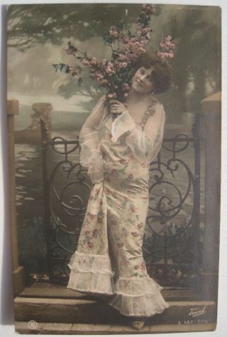 Woman Posing,  Long Flowery Dress Old Color Tinted Rppc Postcard; Studio Photo