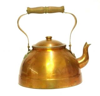 Copper Tea Pot Kettle With Wood Handle Mad In Portugal W/lid