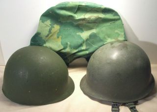 Vietnam War M1 Helmet U.  S.  Front Seam Steel Pot W/45 Liner & Camo Cover