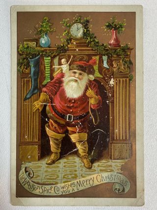 Victorian Trade Card Woolson Spice Co.  Lion Coffee Santa Claus Merry Christmas