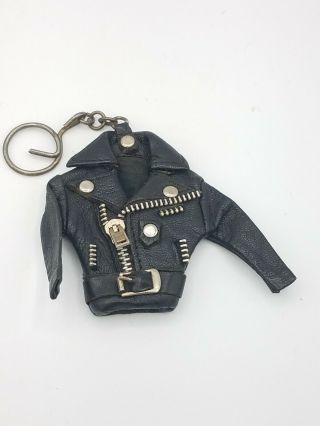 Vintage Mini Leather Motorcycle Jacket Keychain Fob Ring Biker Babe