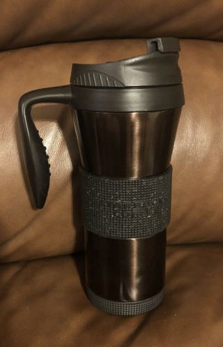 Starbucks 2009 Brown Steel 16oz Travel Coffee Mug W/ Branded Rubber Trim & Lid