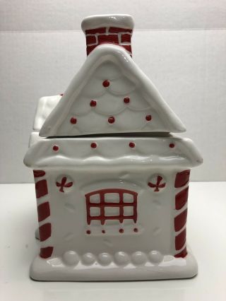 Williams Sonoma Peppermint Gingerbread House Cookie Jar Ceramic GUC Red N’ White 2