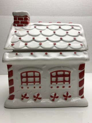 Williams Sonoma Peppermint Gingerbread House Cookie Jar Ceramic GUC Red N’ White 3